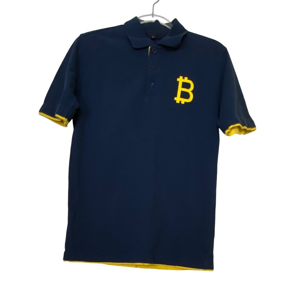 Bitcoin.Com Navy Blue & Yellow Polo Shirt‎ With Logo Large 100% Cotton Crypto